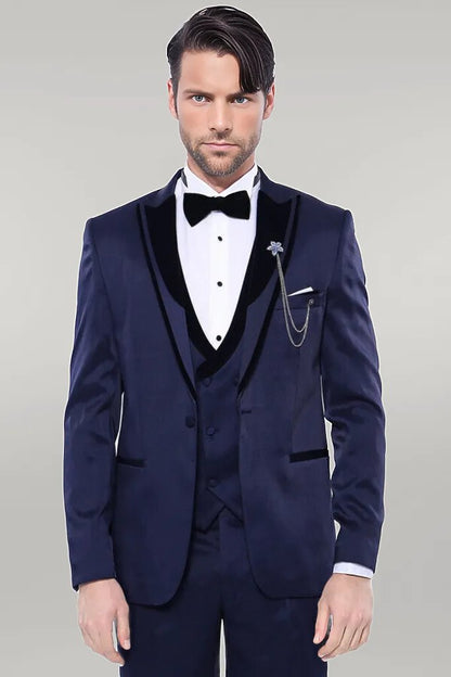 Patterned Velvet Lapel Navy Tuxedo