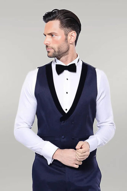 Patterned Velvet Lapel Navy Tuxedo