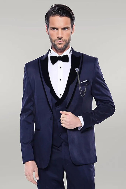 Patterned Velvet Lapel Navy Tuxedo