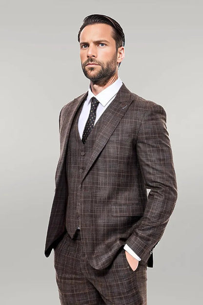 Patterned Vested Brown Slim-Fit Men’s Suit -