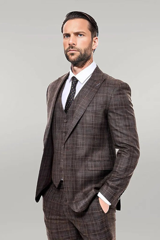 Patterned Vested Brown Slim-Fit Men’s Suit -