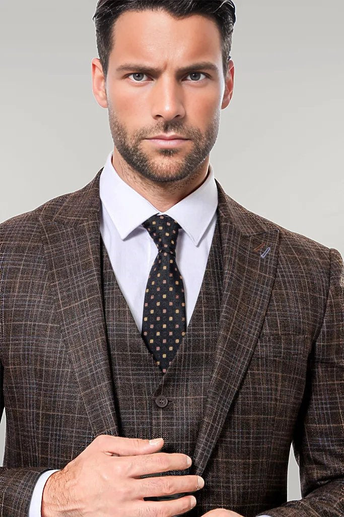 Patterned Vested Brown Slim-Fit Men’s Suit -