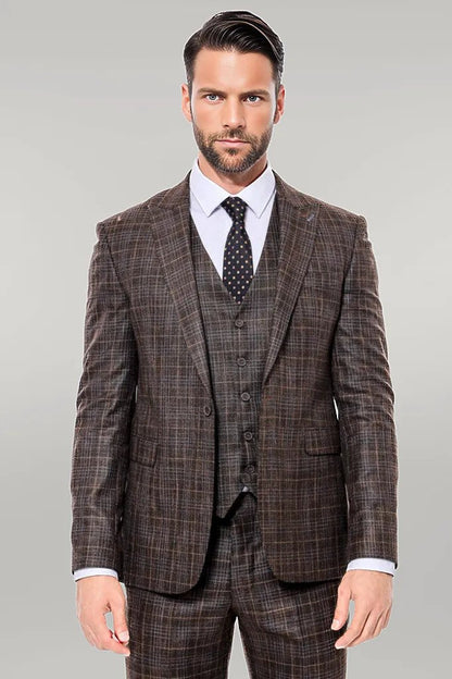 Patterned Vested Brown Slim-Fit Men’s Suit -