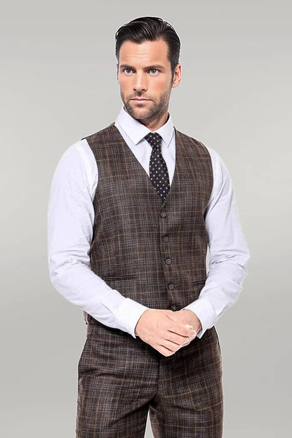 Patterned Vested Brown Slim-Fit Men’s Suit -
