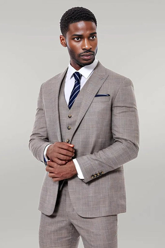 KOALA SYDNEY  Patterned Vested Slim-Fit Beige Men’s Suit -