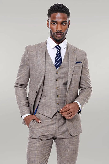 KOALA SYDNEY  Patterned Vested Slim-Fit Beige Men’s Suit -