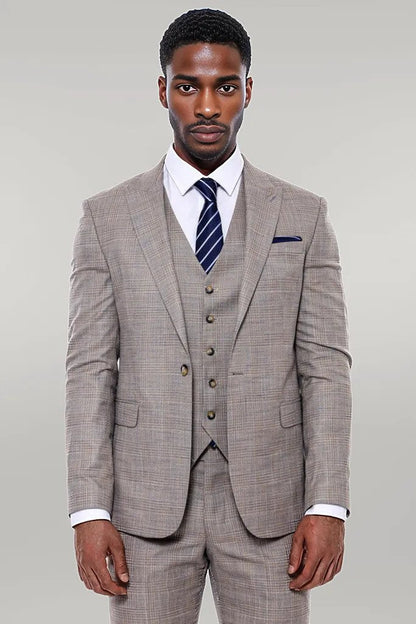 KOALA SYDNEY  Patterned Vested Slim-Fit Beige Men’s Suit -