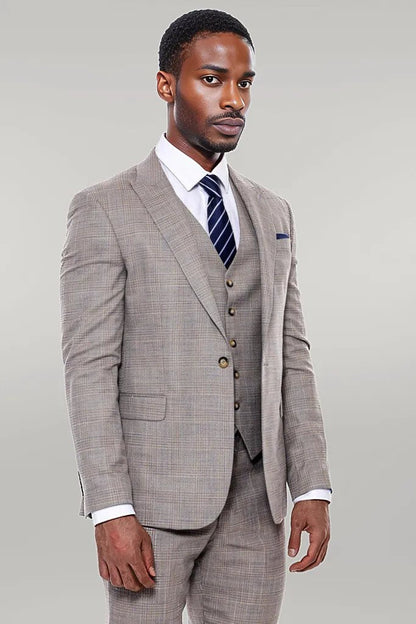 KOALA SYDNEY  Patterned Vested Slim-Fit Beige Men’s Suit -