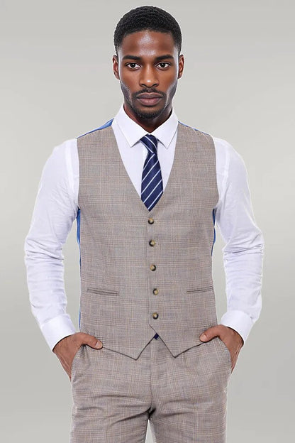 KOALA SYDNEY  Patterned Vested Slim-Fit Beige Men’s Suit -