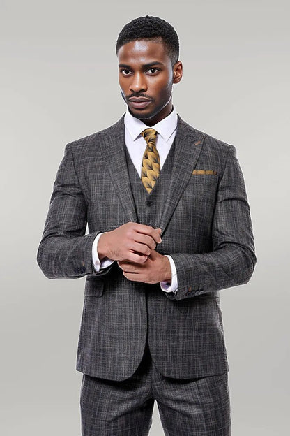 Patterned Vested Slim-Fit Black Men’s Suit -
