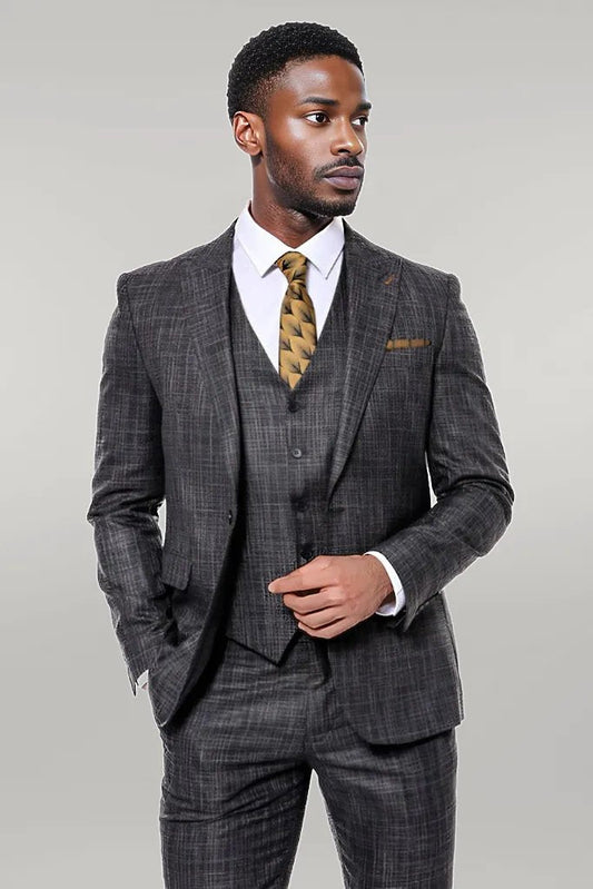 Patterned Vested Slim-Fit Black Men’s Suit -