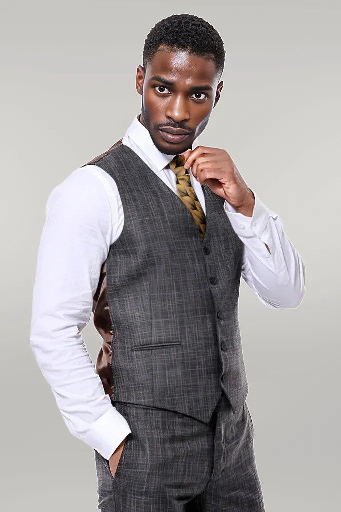 Patterned Vested Slim-Fit Black Men’s Suit -