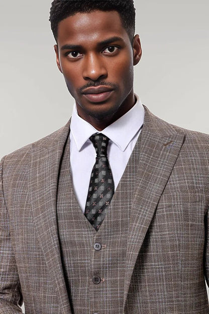 Patterned Vested Slim-Fit Dark Beige Men’s Suit -