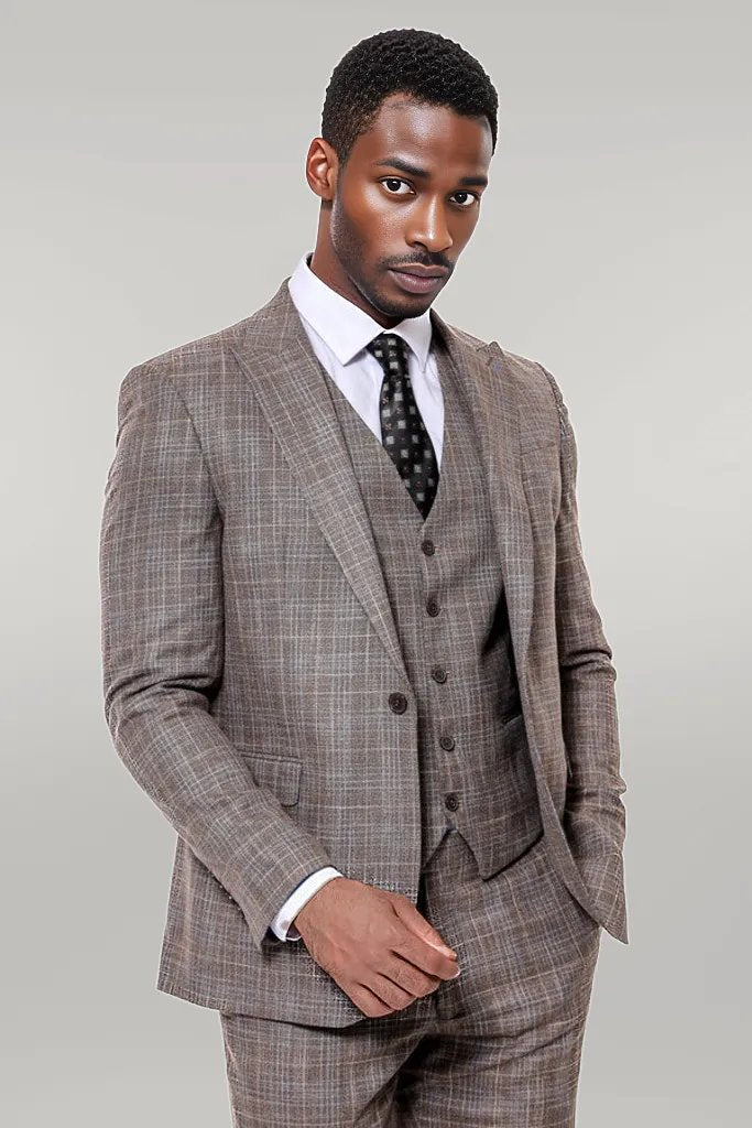 Patterned Vested Slim-Fit Dark Beige Men’s Suit -