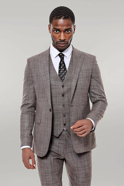 Patterned Vested Slim-Fit Dark Beige Men’s Suit -