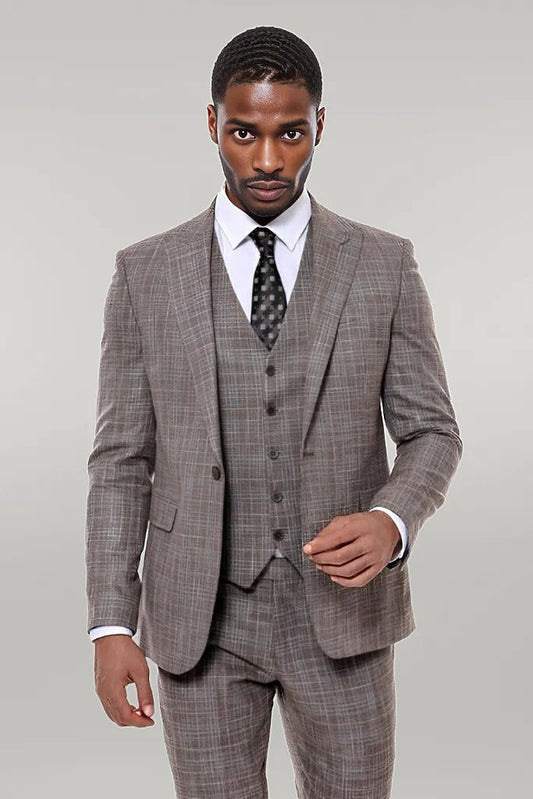 Patterned Vested Slim-Fit Dark Beige Men’s Suit -