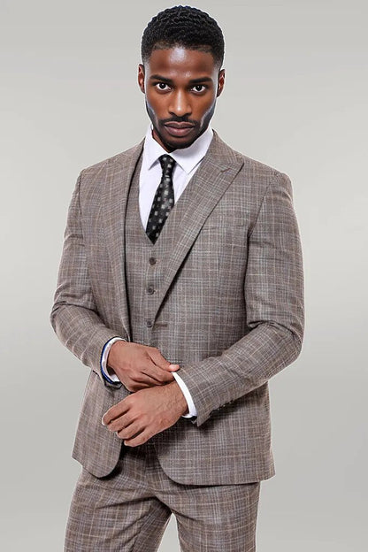 Patterned Vested Slim-Fit Dark Beige Men’s Suit -