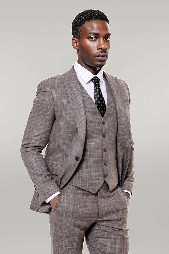 Patterned Vested Slim-Fit Dark Beige Men’s Suit -