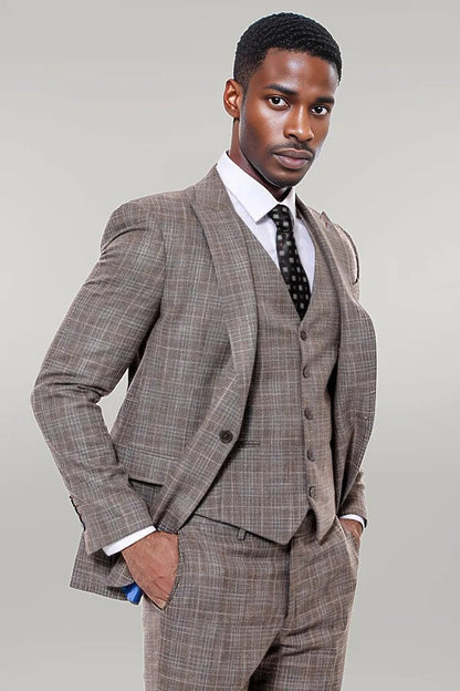 Patterned Vested Slim-Fit Dark Beige Men’s Suit -
