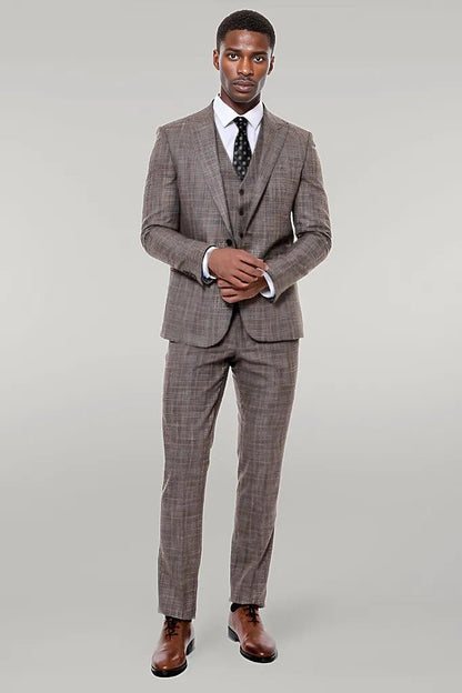 Patterned Vested Slim-Fit Dark Beige Men’s Suit -