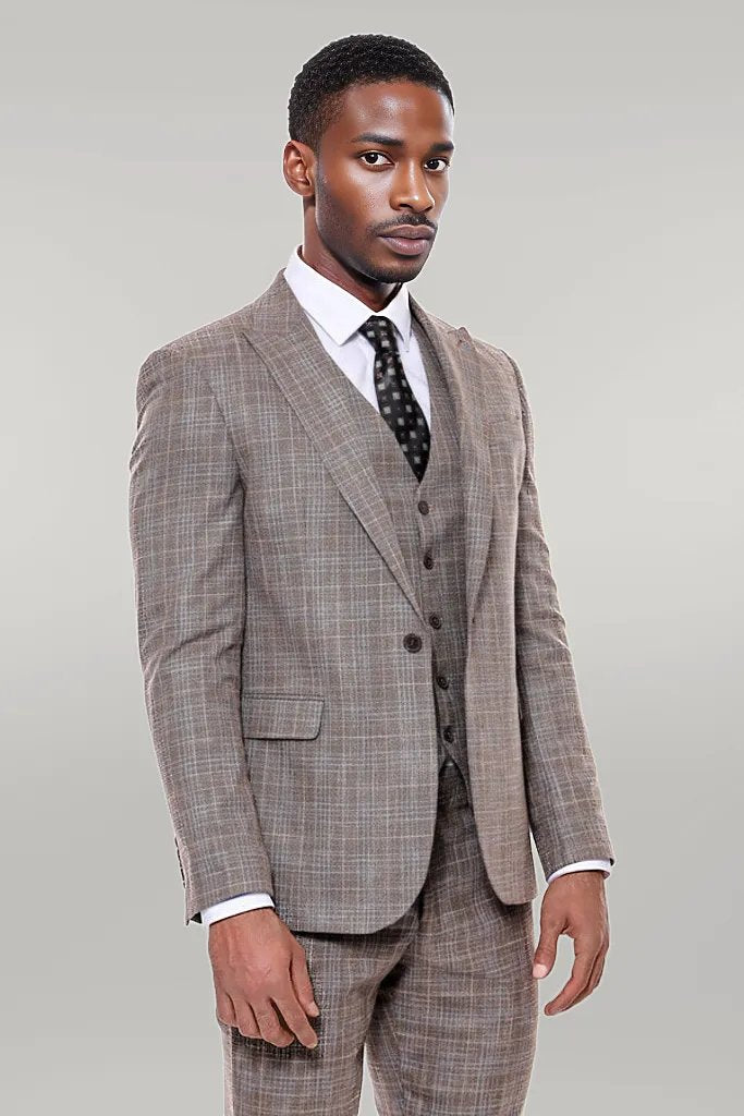 Patterned Vested Slim-Fit Dark Beige Men’s Suit -