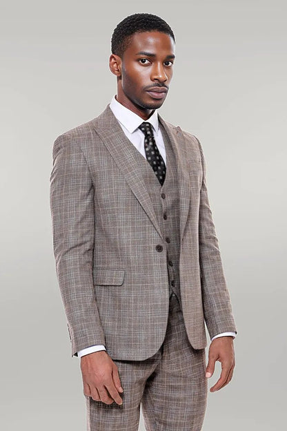 Patterned Vested Slim-Fit Dark Beige Men’s Suit -