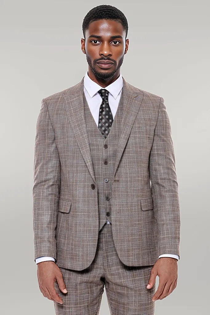 Patterned Vested Slim-Fit Dark Beige Men’s Suit -
