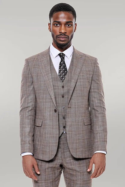 Patterned Vested Slim-Fit Dark Beige Men’s Suit -