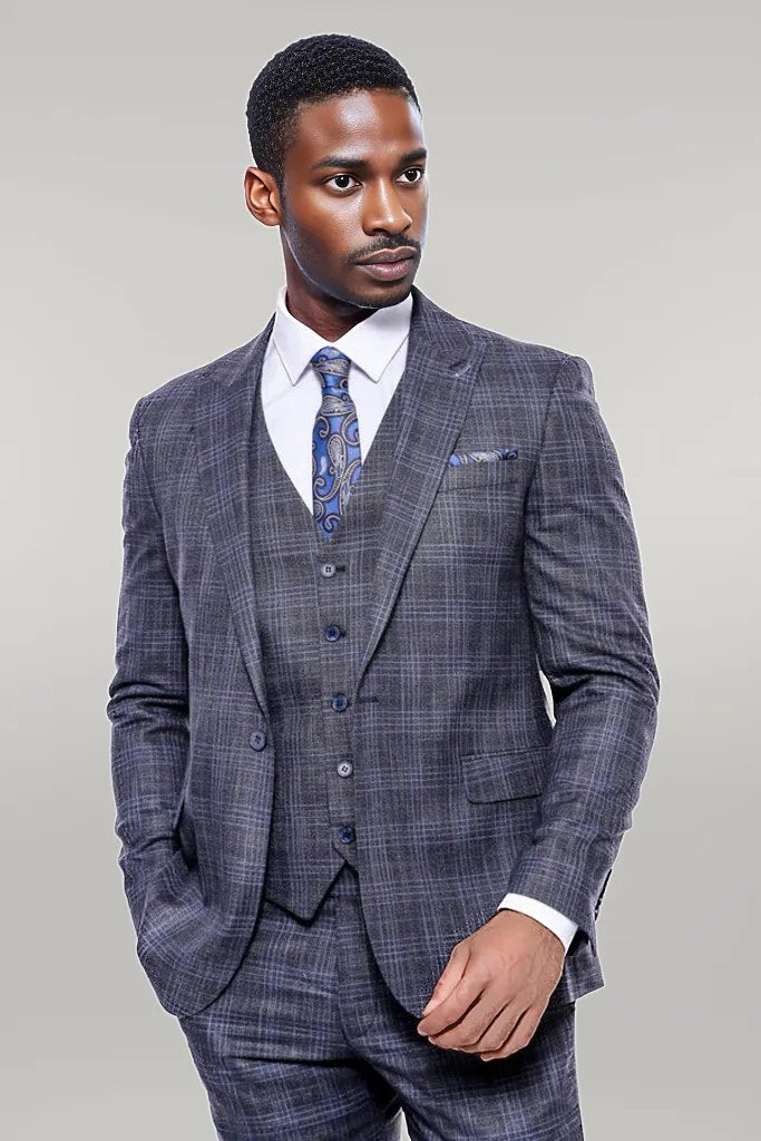 KOALA SYDNEY  Patterned Vested Slim-Fit Navy Blue Men’s Suit -