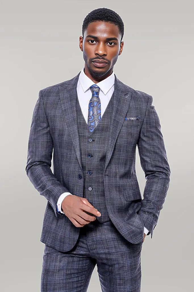 KOALA SYDNEY  Patterned Vested Slim-Fit Navy Blue Men’s Suit -