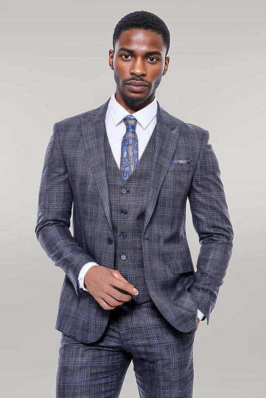 KOALA SYDNEY  Patterned Vested Slim-Fit Navy Blue Men’s Suit -