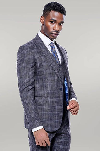 KOALA SYDNEY  Patterned Vested Slim-Fit Navy Blue Men’s Suit -