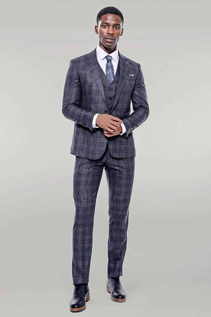 KOALA SYDNEY  Patterned Vested Slim-Fit Navy Blue Men’s Suit -