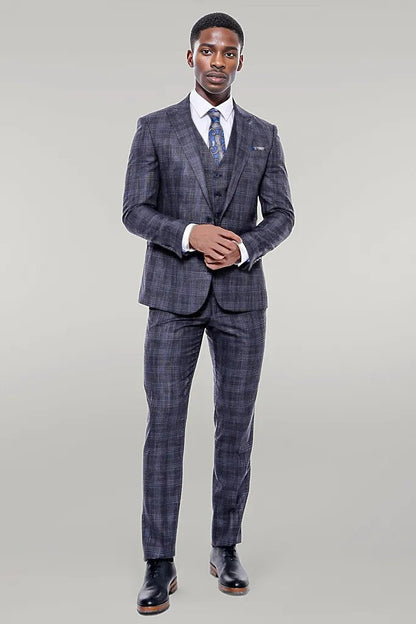 KOALA SYDNEY  Patterned Vested Slim-Fit Navy Blue Men’s Suit -