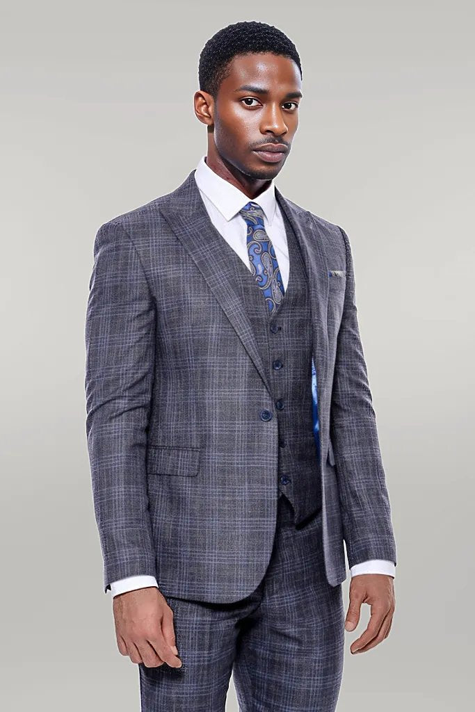 KOALA SYDNEY  Patterned Vested Slim-Fit Navy Blue Men’s Suit -