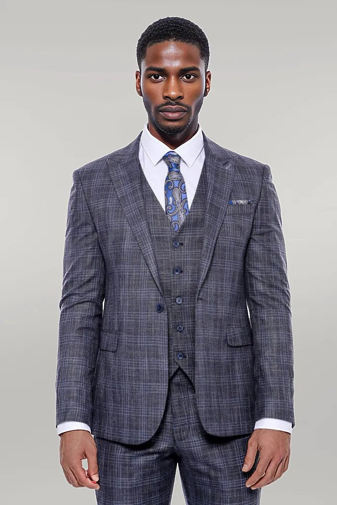 KOALA SYDNEY  Patterned Vested Slim-Fit Navy Blue Men’s Suit -