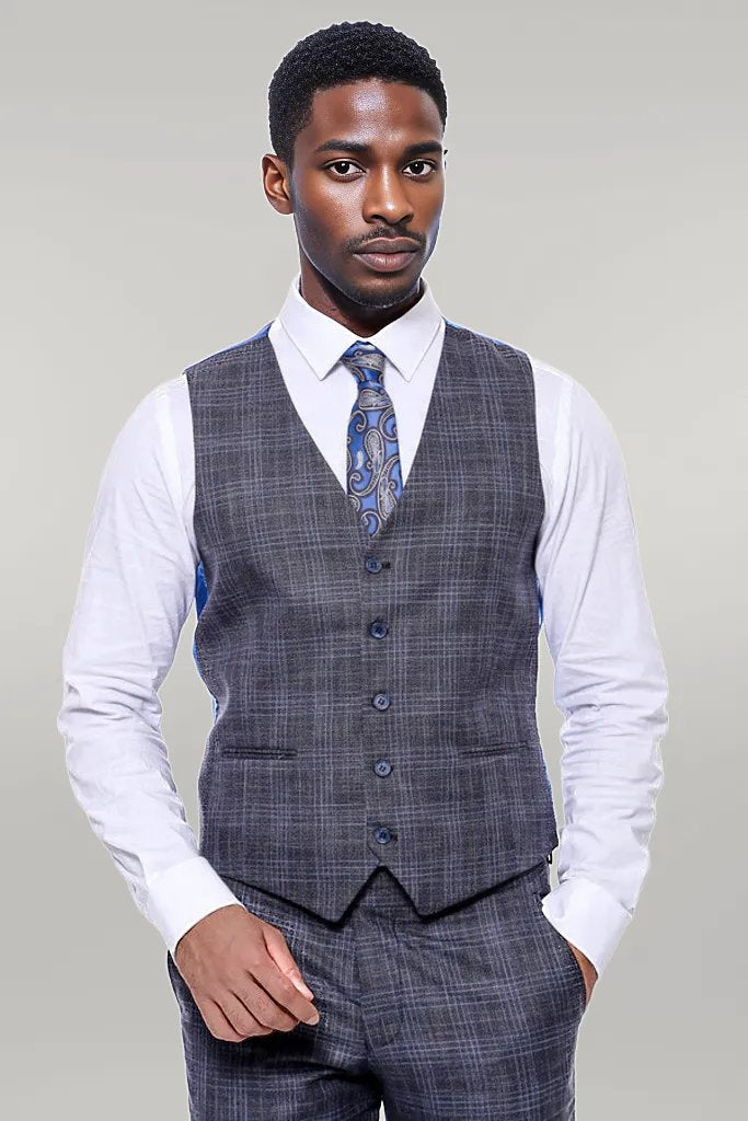 KOALA SYDNEY  Patterned Vested Slim-Fit Navy Blue Men’s Suit -