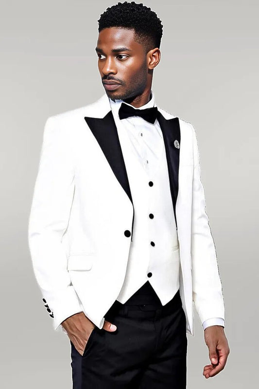 Peak Lapel 3 Piece White Tuxedo