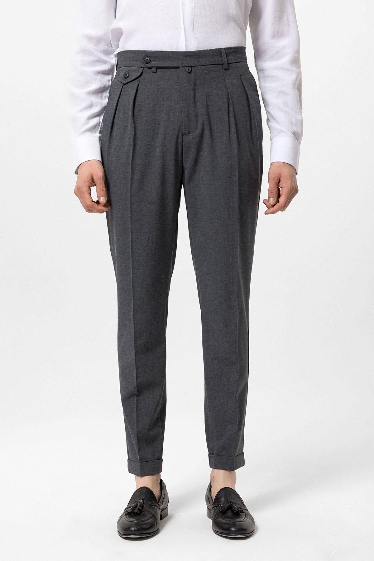 Men's Grey Pleated High-Waisted Pants