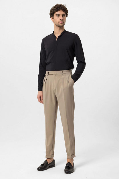 Men's Beige Pleated High-Waisted Pants