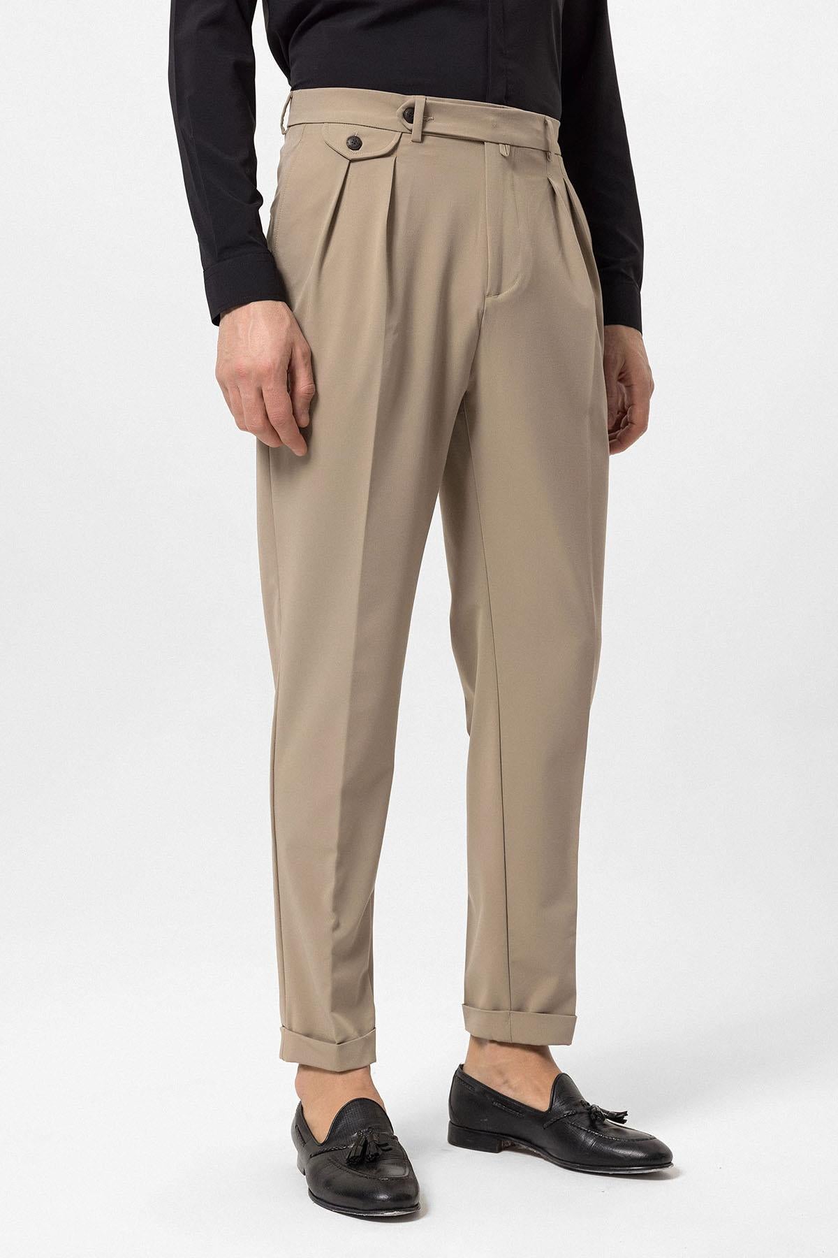 Men's Beige Pleated High-Waisted Pants