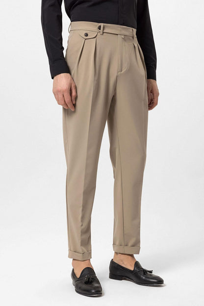 Men's Beige Pleated High-Waisted Pants