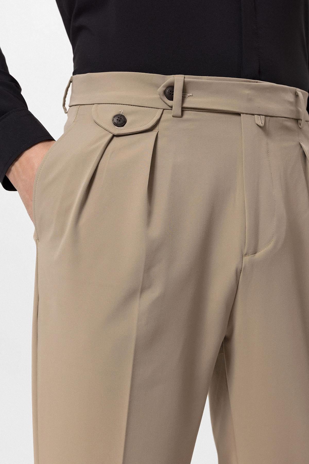 Men's Beige Pleated High-Waisted Pants