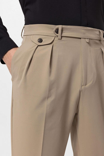 Men's Beige Pleated High-Waisted Pants