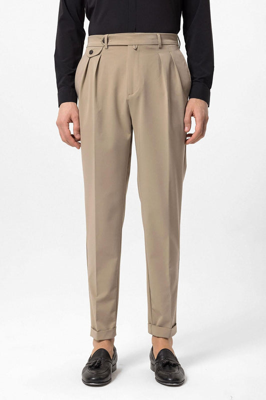 Men's Beige Pleated High-Waisted Pants