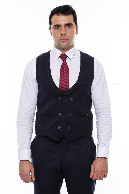 Plaid Collared Double Breasted Navy Blue Men Vest