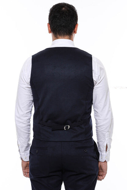 Plaid Collared Double Breasted Navy Blue Men Vest