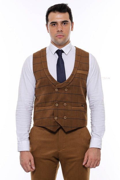 Plaid Double Breasted Tan Men Vest