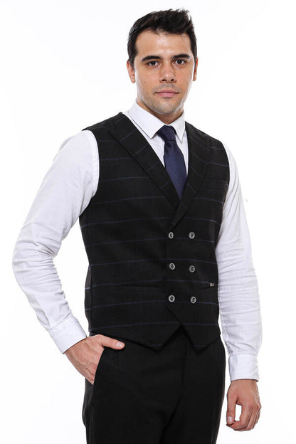 Plaid Double Breasted Collared Black Men Vest