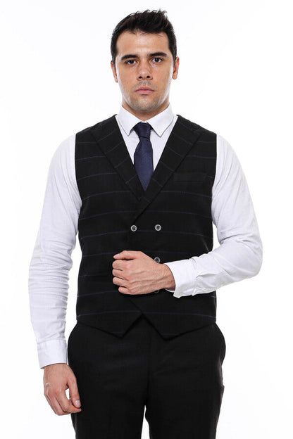 Plaid Double Breasted Collared Black Men Vest